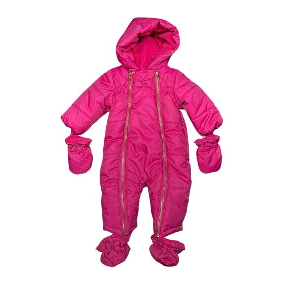 Kate Spade Baby Girl Hot Pink Snow Suit Mittens Gold Zippers Fleece Lined 6M